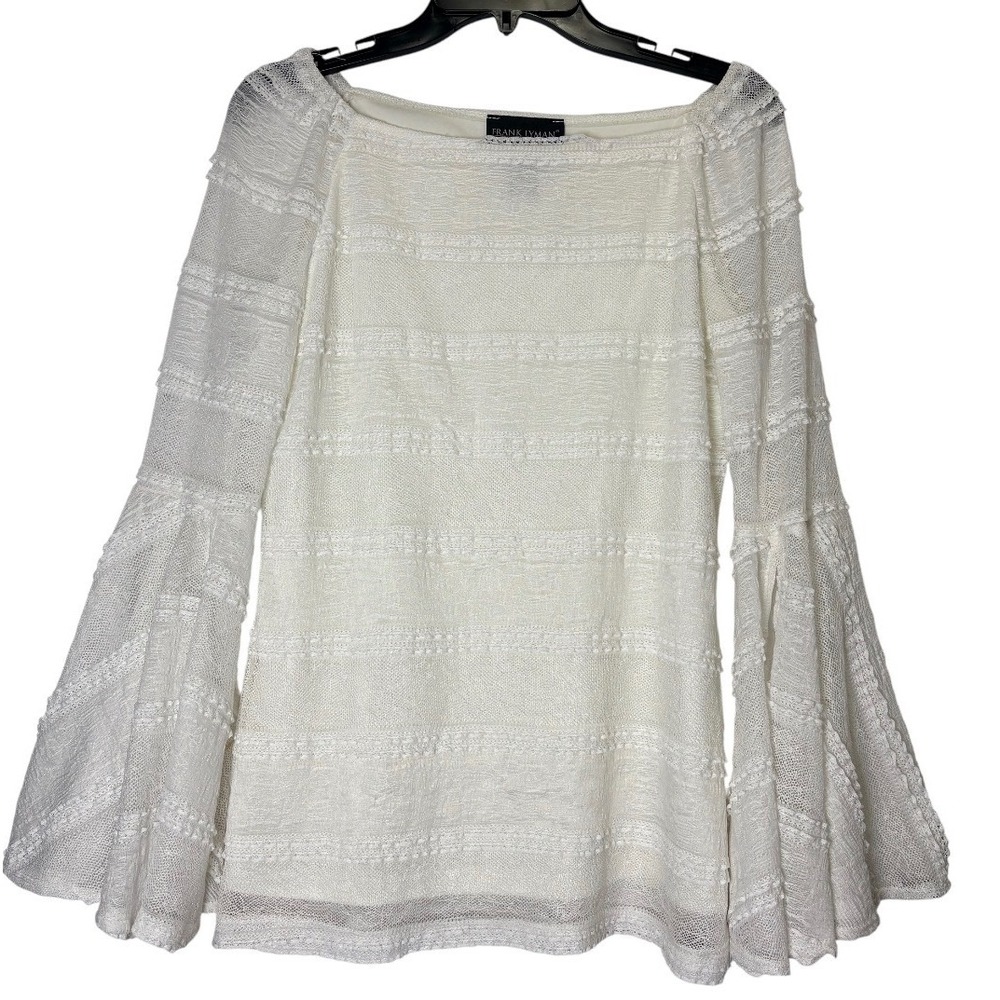 Frank Lyman Bell Sleeve Blouse Womens 8 White Lace Mesh Boat Neck Top